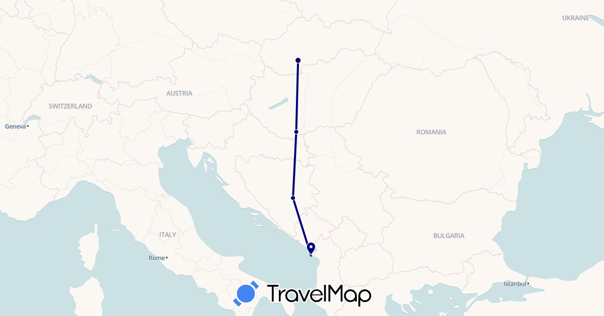 TravelMap itinerary: driving in Bosnia and Herzegovina, Hungary, Montenegro, Slovakia (Europe)
